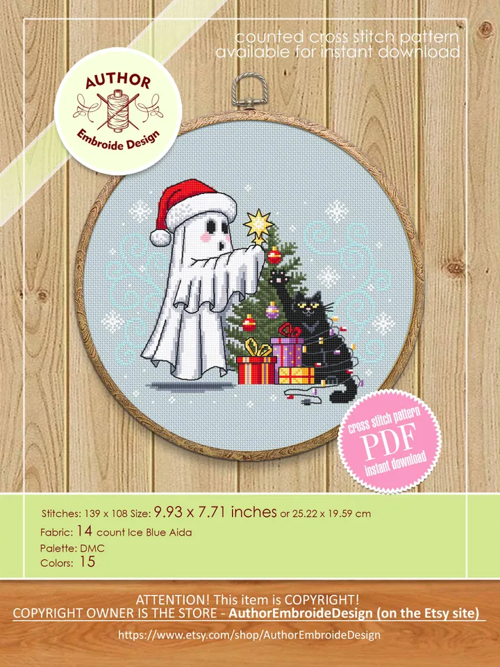 Christmas ghost with black cat cross stitch pattern PDF download Cute ghost cross stitch chart, Christmas pattern digital PDF #N147