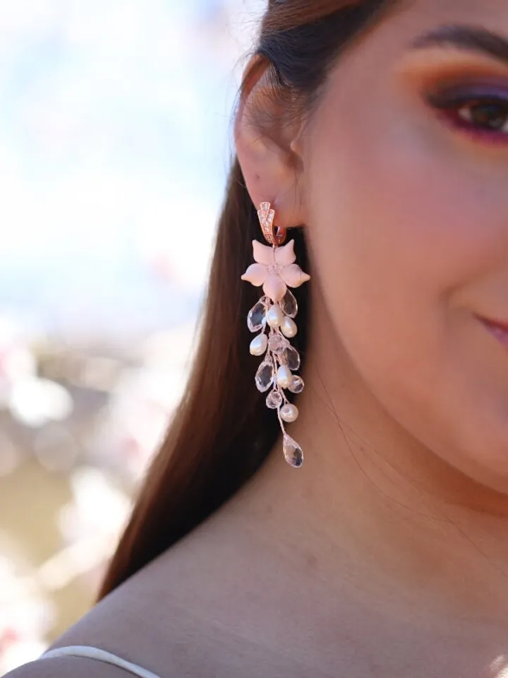 Rose Gold Delicate Porcelain Flower Blush Wedding Earrings, Long Boho Wedding Earrings, Pearl Bridal Jewelry Set, Floral Statement Earrings
