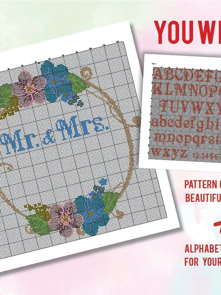 Mr. & Mrs. Wedding Date Frame and Alphabet Cross stitch pattern | Embroidery Pattern | Instant Download | Embroidery Designs