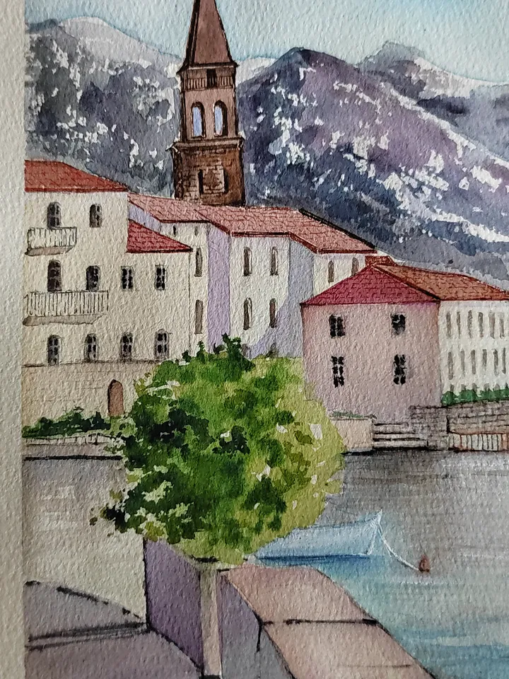 Original Watercolor Painting Montenegro Landscape Art Old Budva Artwork Coast of Montenegro Picture 30x40 cm by SoftWaves