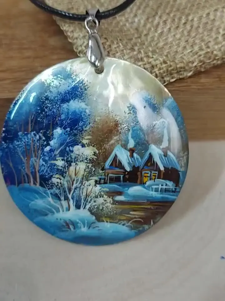 Nice Pendant Winter landscape. Village. Mother-of-pearl Russian hand painting. Hand-painted necklace pendant. Miniature painting