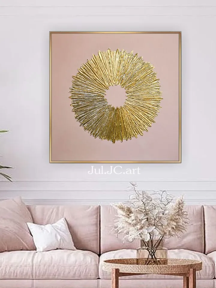 Gold and Pink Abstract Painting Sunburst Textured artwork Original Art Gold Wall Decor Above couch decor by Juliya JC