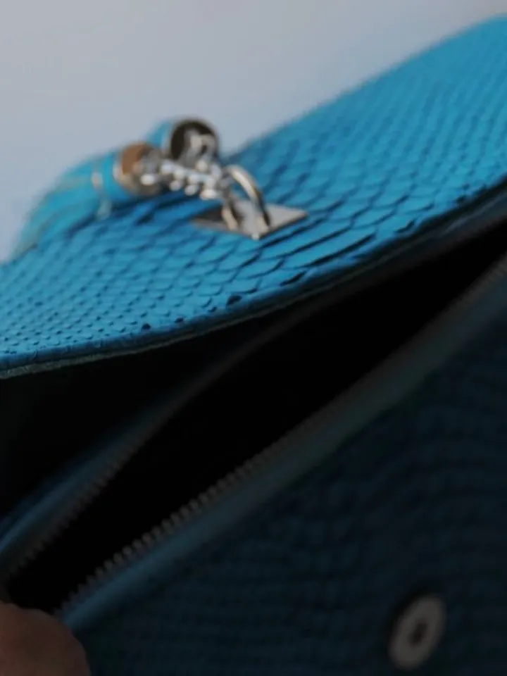 Genuine python skin crossbody turquise tassel womens bag / exotic leather bags / designer leather handmade purse / chain shoulder bag