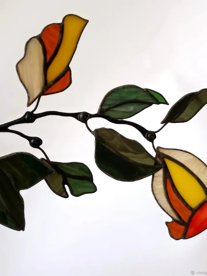 Physalis. Tiffany-Style Stained Glass Composition, Physalis Stained Glass Arrangement, Physalis Tiffany Glass Composition, Handcrafted Physalis Art Glass Branch, Decorative Tiffany-Style Physalis Stem, Glass Physalis Flowers on Metal Branch