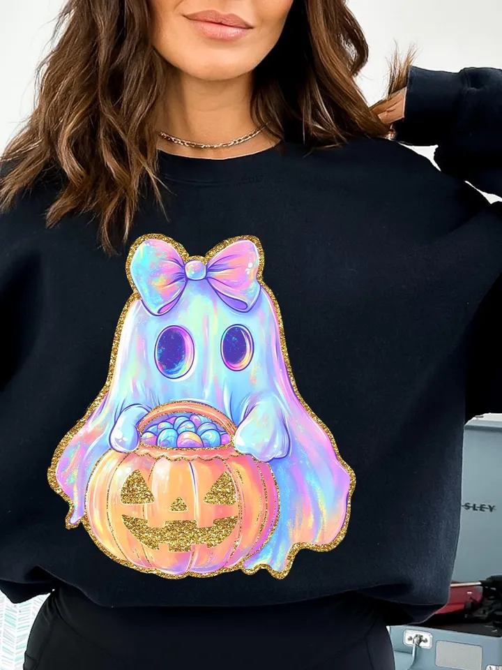 Iridescent Ghost Pumpkin PNG, Coquette Halloween Design, Iridescent Ghost Pumpkin Design, Halloween PNG, Girly Halloween Png, Cute Ghost Png