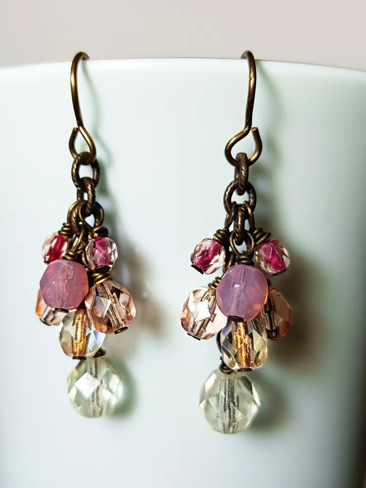 Solid and natural brass Boho Shabby chic with Czech glass beads earrings with chain.