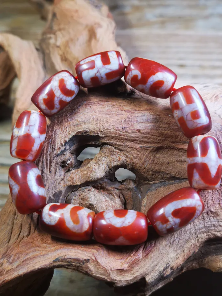 Gandhanra Old Tibetan Dzi Bead Bracelet, Fire Agate Beads Bracelet,Mixed Swastika,Vase,Lotus,Tiger Tooth,and Phum Dzi Beads