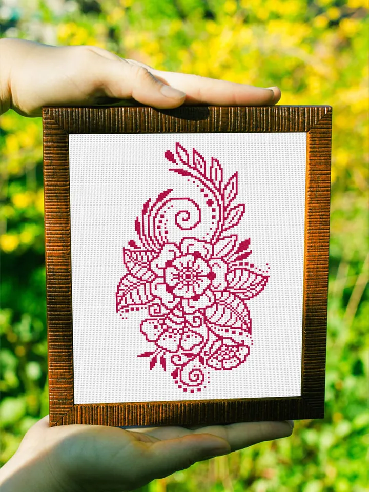 Monochrome floral cross stitch pattern download PDF, Flower mandala cross stitch, Modern beginner stitch, Floral ornament embroidery #M135