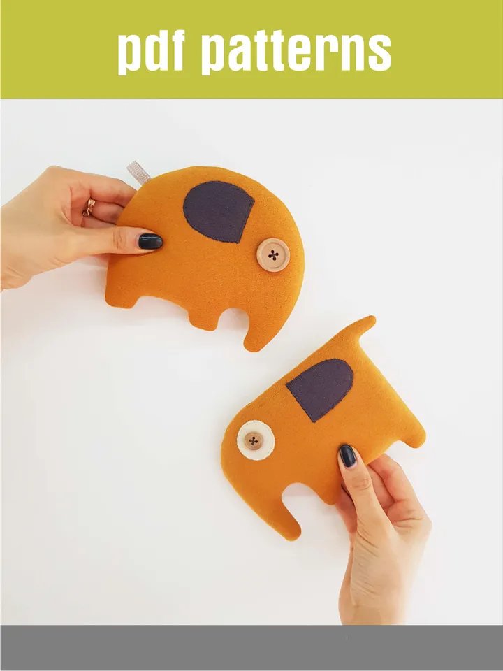 Stuffed Animals sewing patterns PDF, 2 yellow elephants, set of 2 digital tutorials in english.