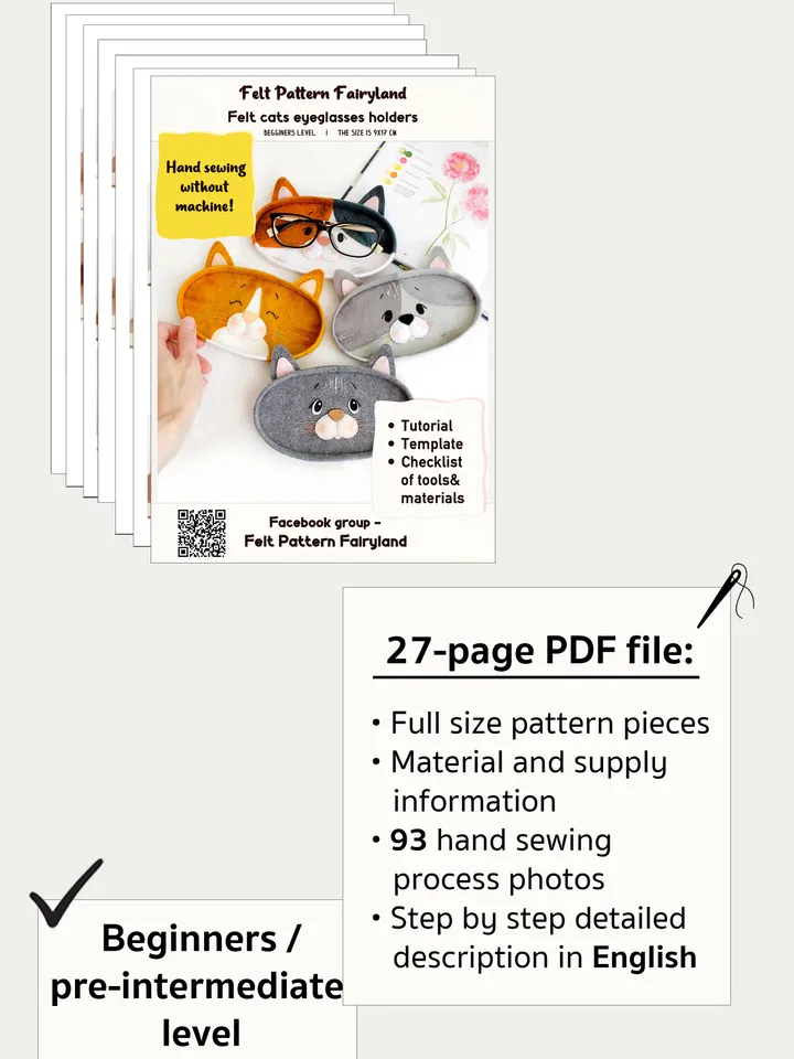 Felt cats eyeglasses holders hand sewing PDF tutorial with patterns. DIY spectacles holder. Handmade pets and book lover gift. Glasses wearer present