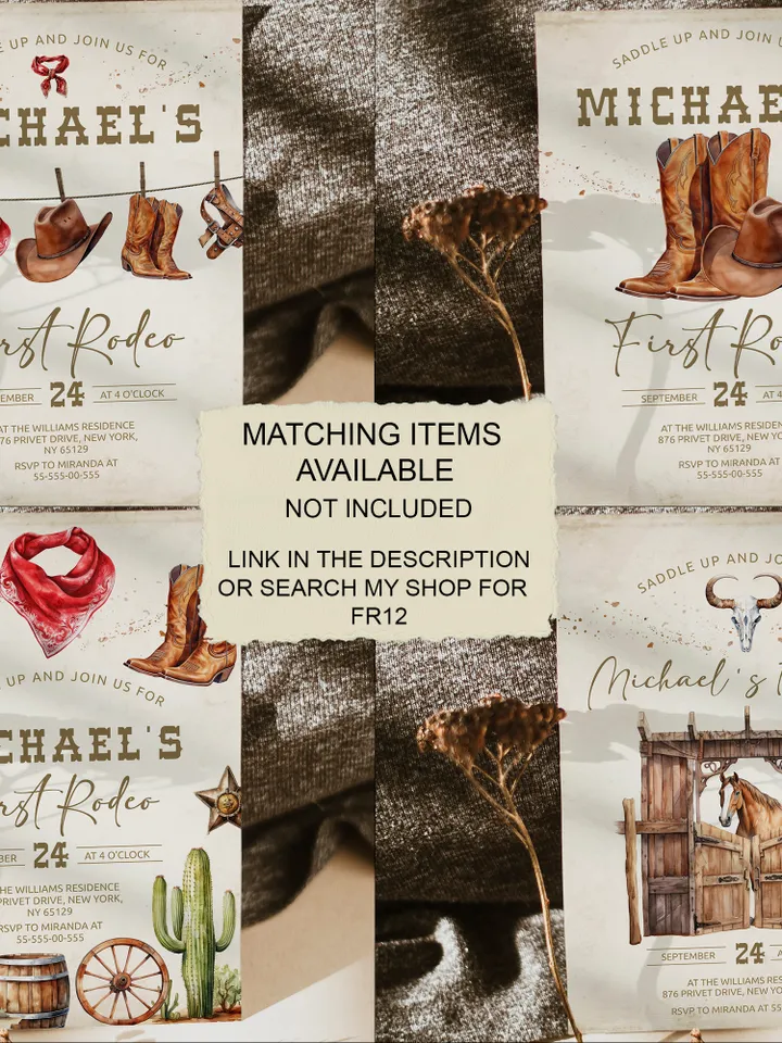 First Rodeo Wild West Birthday Invitation template; Wild West My First Rodeo Bday Western Invite ; Our Little Cowboy is One; Cowboy fr12