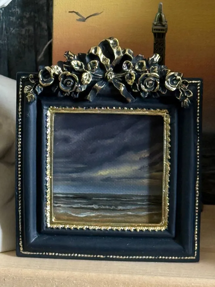 Small Landscape Oil Painting Framed Original Dark Clouds Antique Ocean Art Coastal Antique Frame Tiny Paintings 4 x 4 Art Victorian artwork