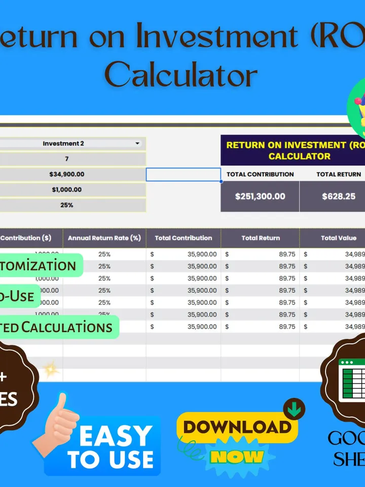 Return on Investment (ROI) Calculator Template, Editable ROI Analysis Tool, Google Sheets Financial Tracker, Business ROI Calculation