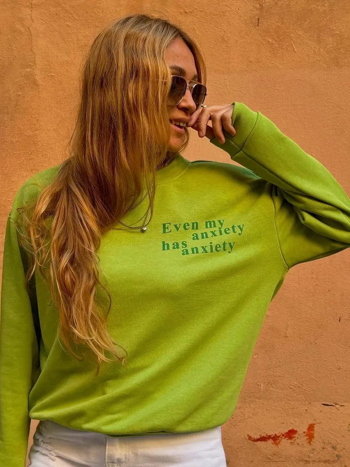 Bright Green Designer Sweatshirt with anxiety print| Funny Sweater | Longsleeve with print | Casual Sweater | Loungewear Sport Wear