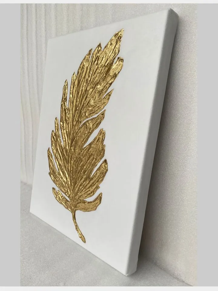 Gold Feather Abstract Painting Modern wall decor Gold and White Wall Art on canvas Textured Artwork