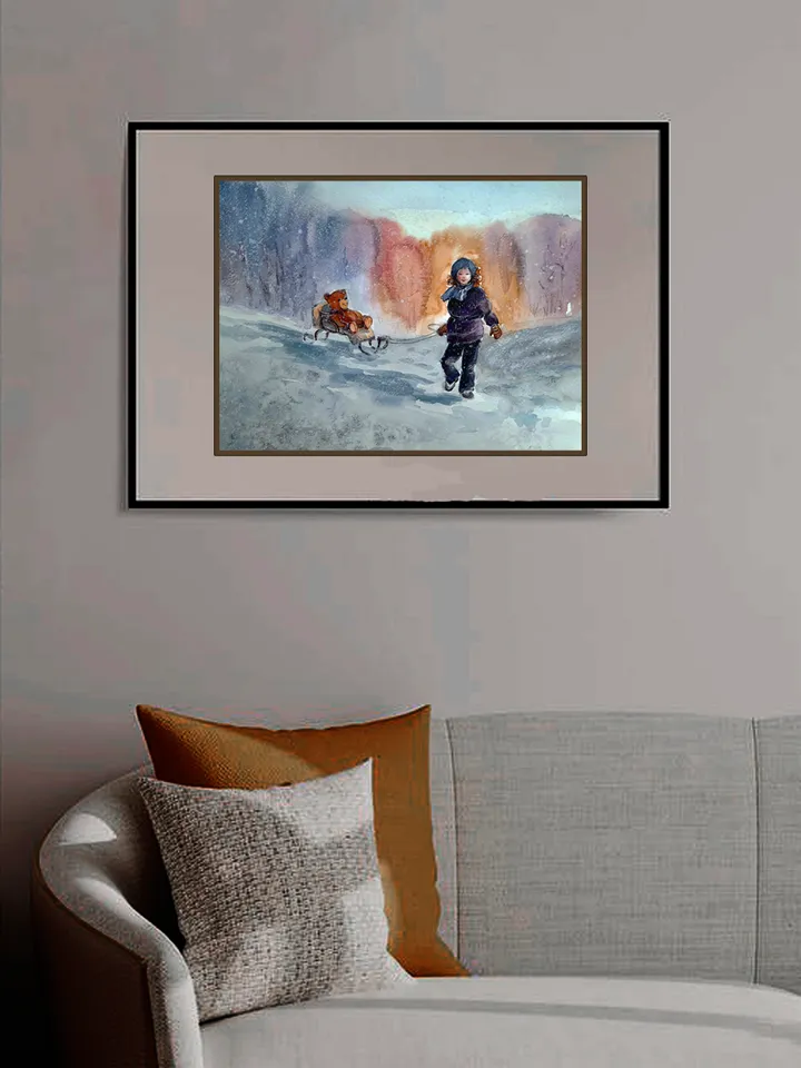 Watercolor painting. A fun walk with a teddy bear. The Winter Fun series 32x24cm (approx.12.6х9,5 inches with margins)