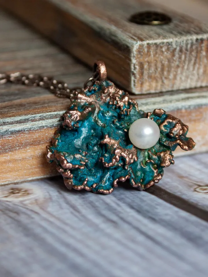 Original handmade copper electroformed pendant made of natural moss with pearl