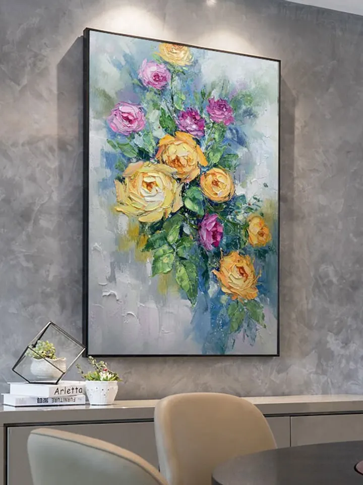 Original Rose Oil Painting On Canvas, Abstract Yellow Peony Flower Painting, Large Wall Art, Living Room Wall Decor, Custom Acrylic Painting