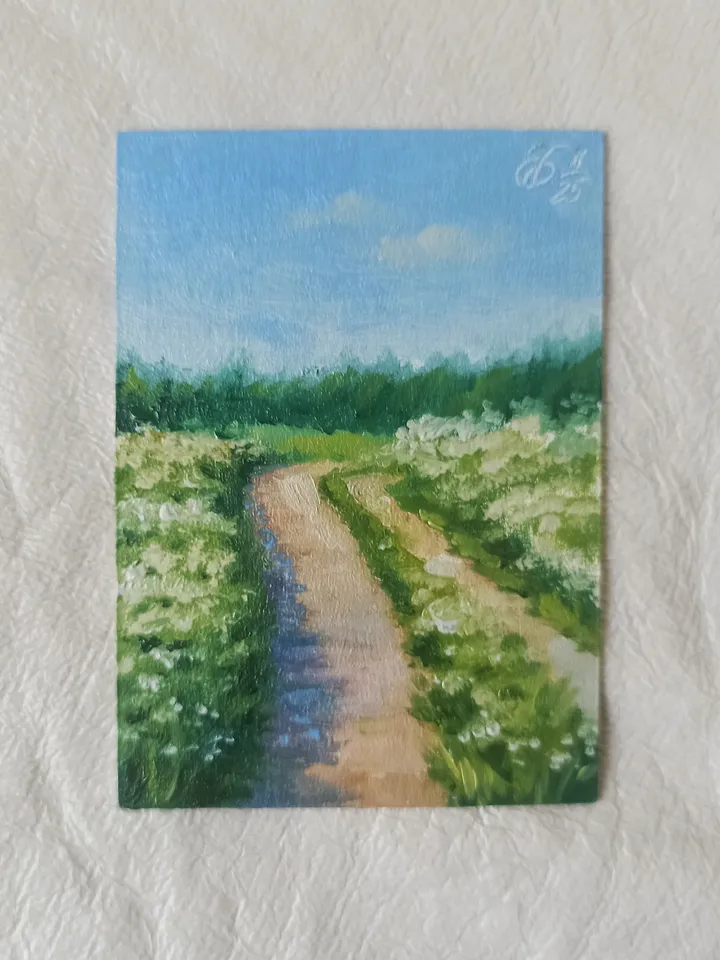 Original oil painting ACEO, Road in a field with white flowers, Summer countryside landscape, Collection card 2,5x3,5 in
