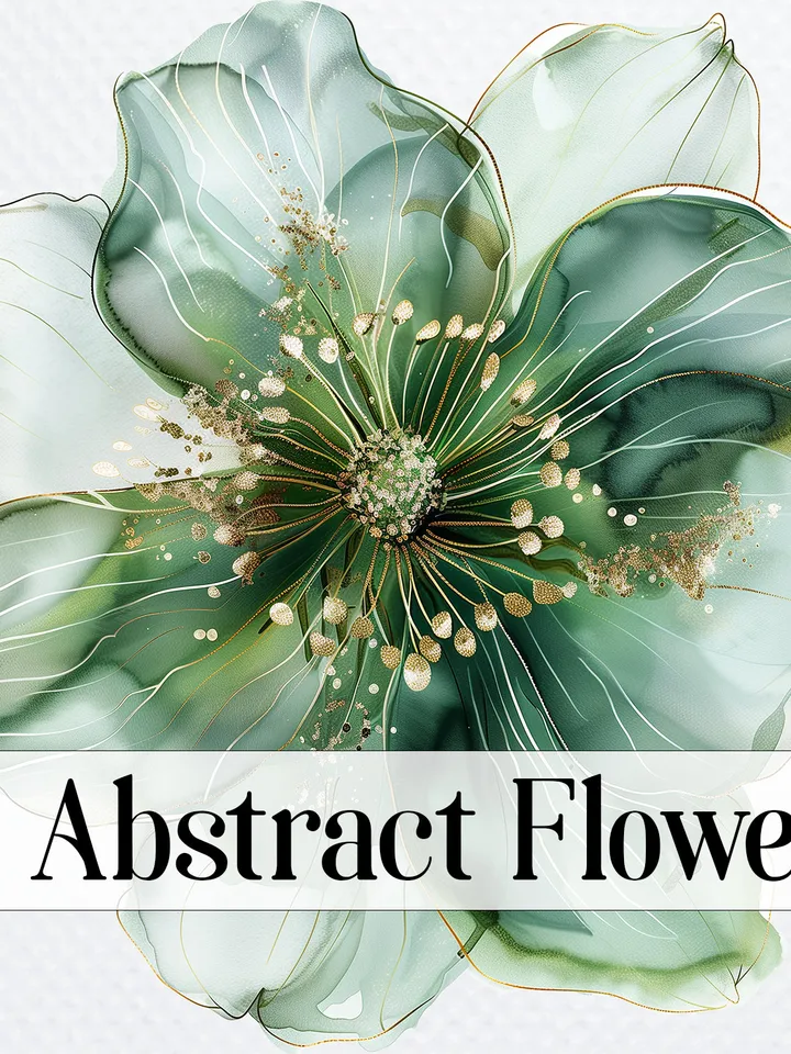 12 Abstract Flowers Clipart, Green Gold Flowers PNG, Lime Gold Flowers Print for sublimation, Printable Watercolor clipart, Digital download