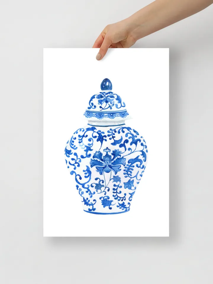 Chinoiserie Vase Watercolor Painting Blue And White Ginger Jar Art Vintage Chinoiserie Print Modern Wall Art Gifts For Her Living Room Print