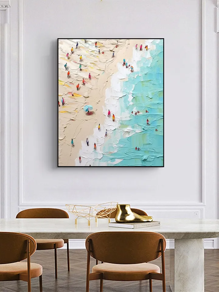 Original Beach Oil Painting On Canvas, Abstract Summer Seaside Painting, Waves and Golden Beach Painting, Living Room Wall Art, Home Decor