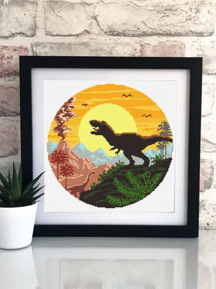 Dinosaur cross stitch pattern download PDF, Ancient animal cross stitch chart, Mountain landscape cross stitch, Nature beginner stitch #D6