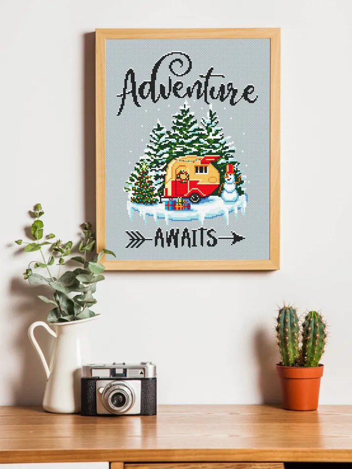 Adventure awaits cross stitch pattern download PDF Winter camping cross stitch Nature landscape embroidery PDF DIY Christmas decor #L14