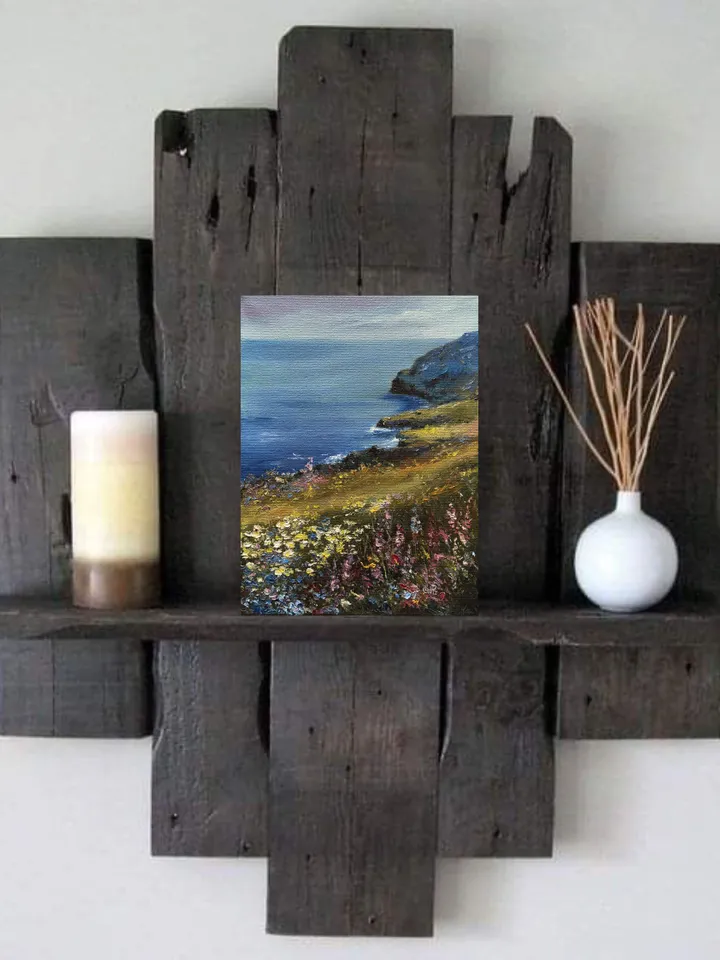 Original Oil Seascape Painting Beach Oil Painting Wildflower Artwork