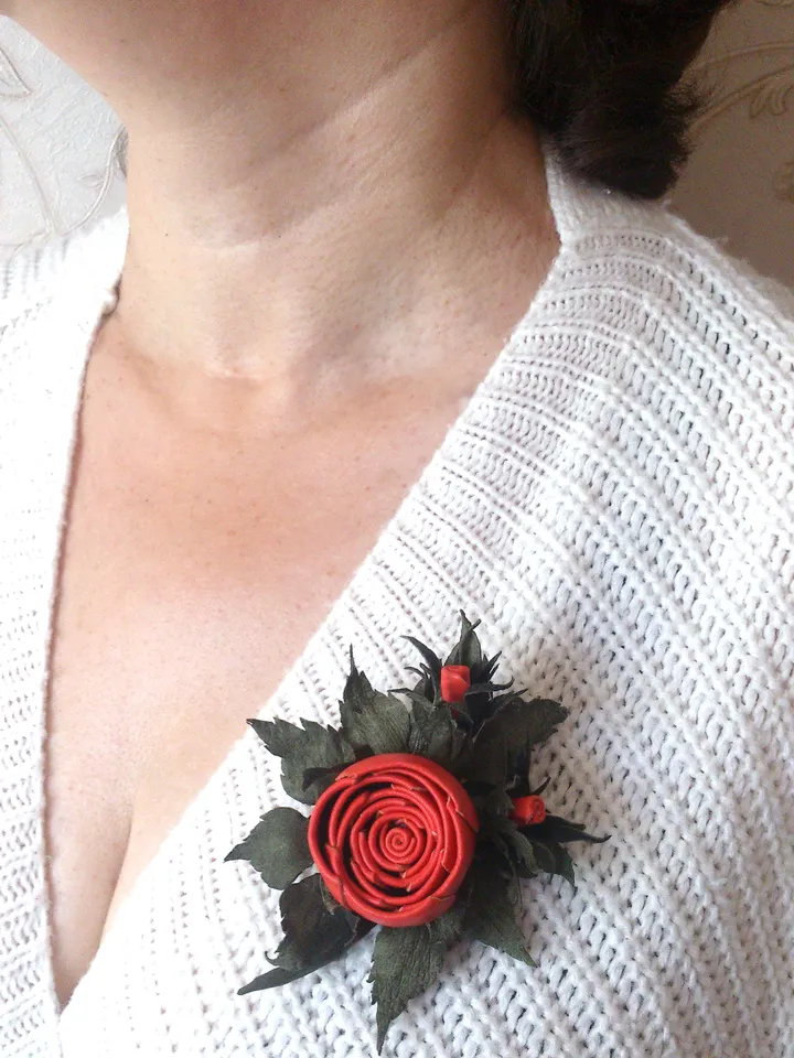 Red rose leather brooch 3rd anniversary gift for wife, Leather women's jewelry