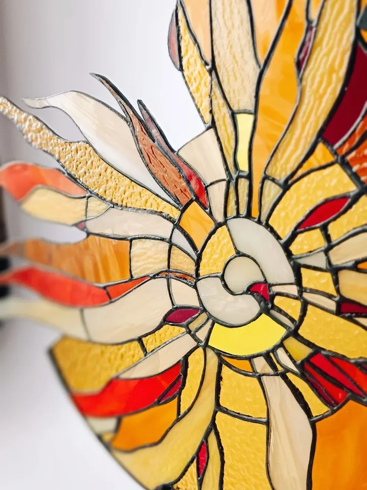 Sun. Tiffany-Style Stained Glass Panel on Iron Stand, Stained Glass with the Sun, Solar Stained Glass