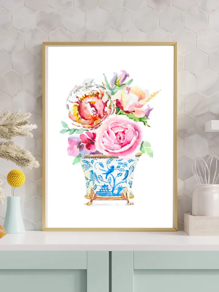 Watercolor Flowers Chinoiserie Home Decor Wall Art Flower Wall Art Flower Illustration Watercolor Pions Bleu White Decor Asian Vases Print