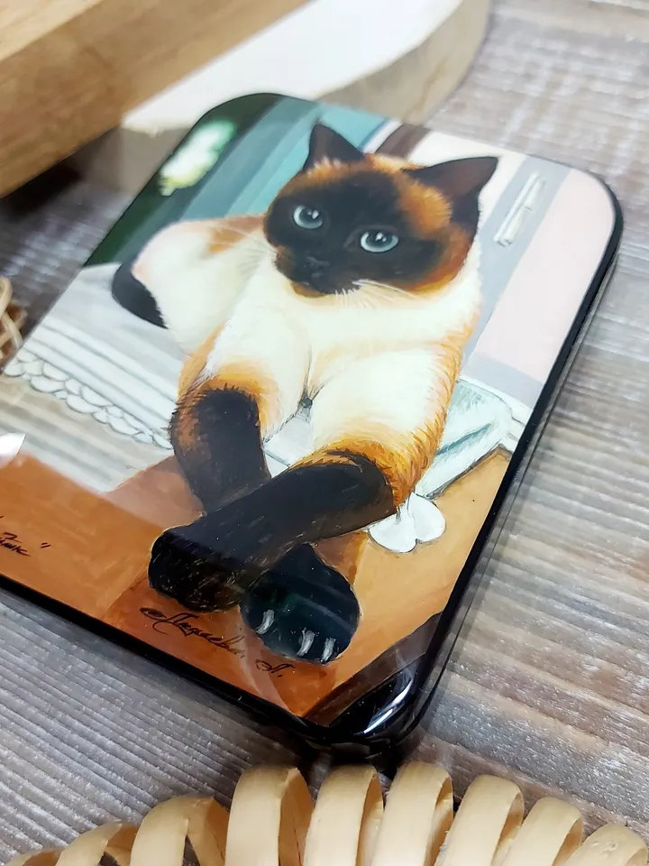 Art gift box Lacquer Box"Siamese cat on the mat" Hand-painted miniature painting jewelry box Mother of pearl Papier-mache Christmas art gift