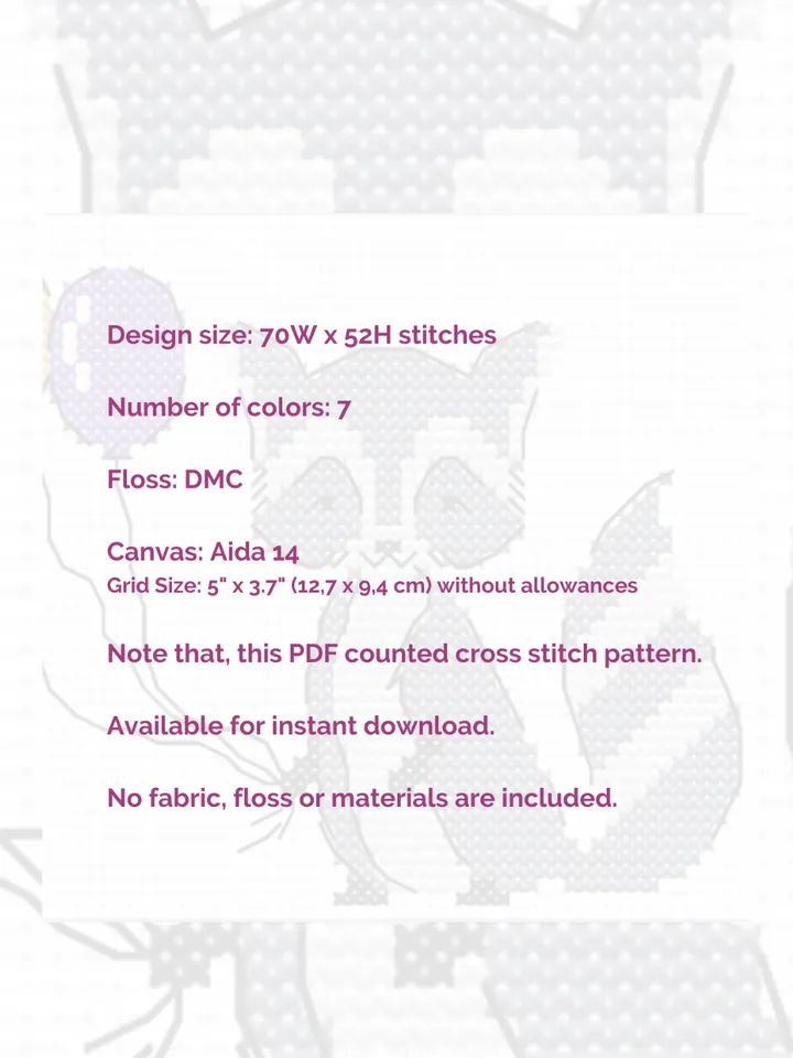 Cross stitch pattern Raccoon, simple cross stitch pattern for beginners