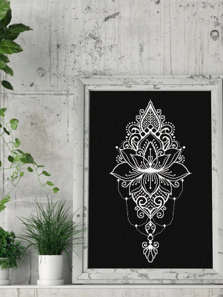 Lotus mandala cross stitch pattern download PDF, Monochrome mandala pattern digital PDF, Lotus flower cross stitch chart, Home decor #M99