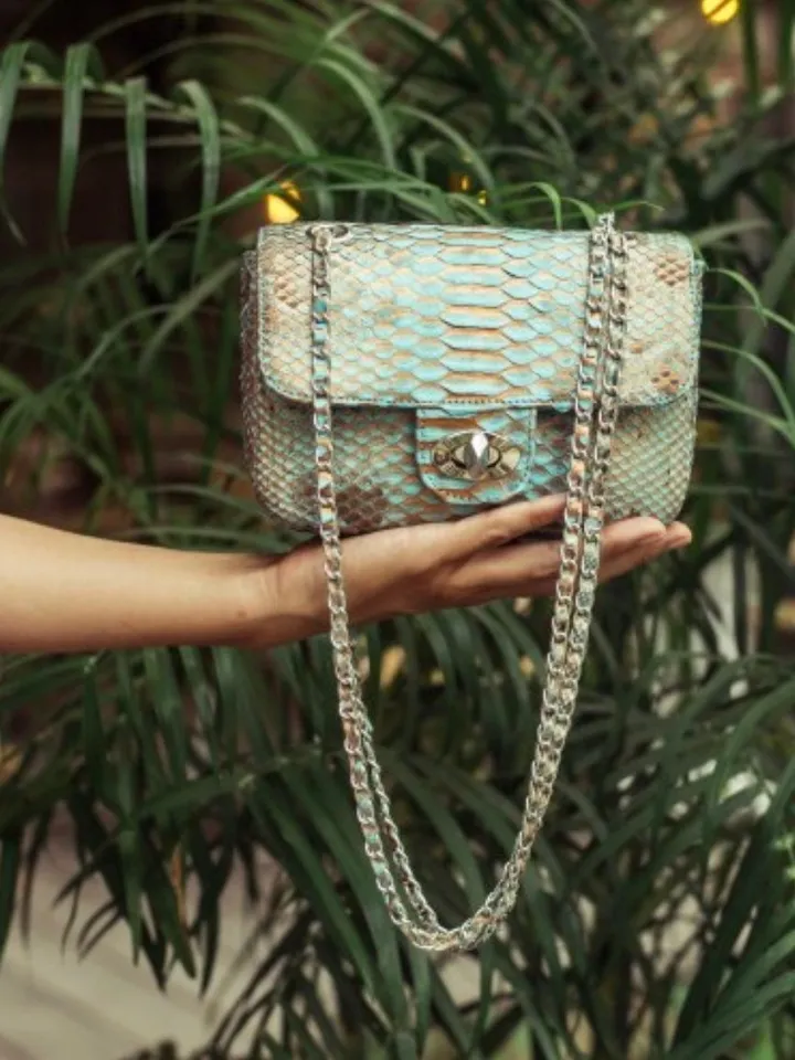 Light blue Crossbody Bag Genuine Python Skin | Adjustable Chain Classy Elegant Bright Blue Crossbody Small Lady Summer Bag | Python Purse