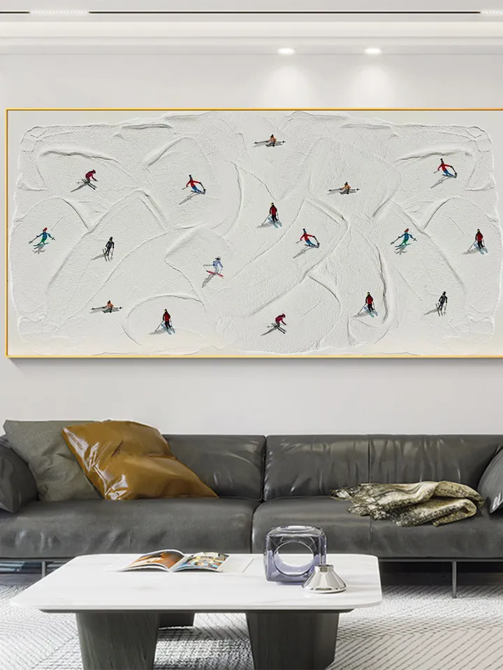 Large Original Ski Sport Painting on Canvas, Texture Wall Art, Skier on Snowy Mountain Art White Snow Skiing Art Custom Painting, Home Decor