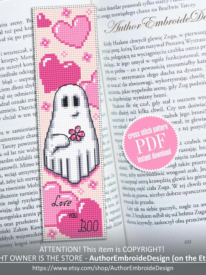 Ghost bookmark cross stitch pattern PDF download Valentine ghost cross stitch chart, Heart bookmark pattern digital PDF, Cute ghost #B370