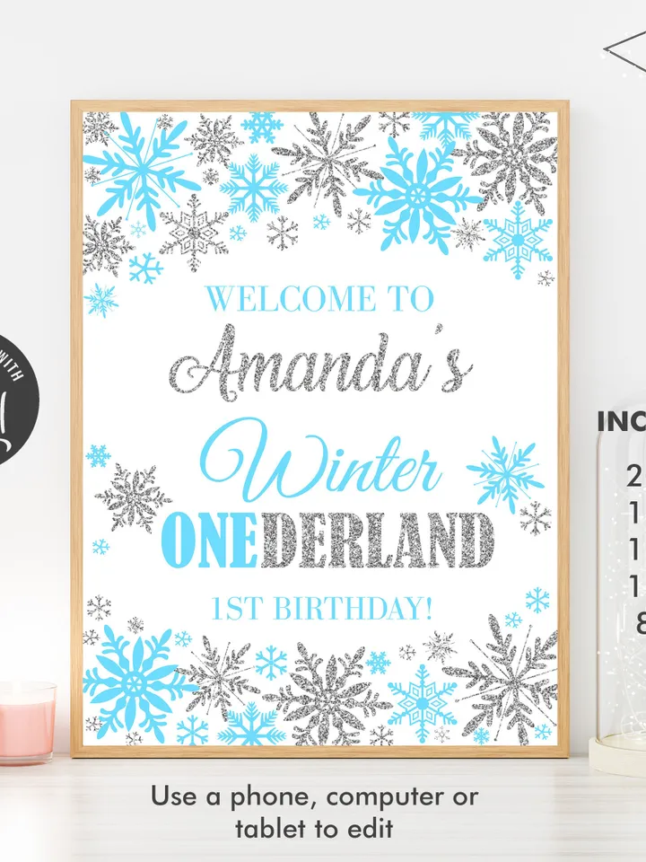 Winter Onederland Welcome Sign Blue Silver Winter Onederland 1st Birthday Boy Decorations, Snowflake Birthday Sign, Editable Template