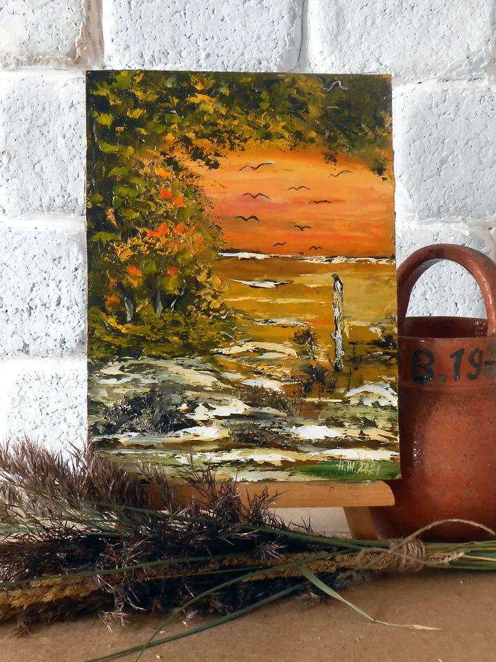 Gold Autumn landscape original oil painting with pallete knife