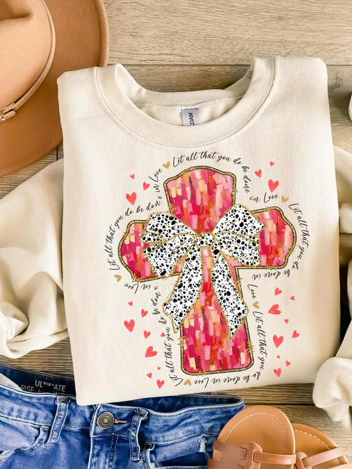 Pink brushstroke cross png, Let all that you do be done in Love png, Jesus valentine png, Valentine Png, valentine coquette png, bible verse