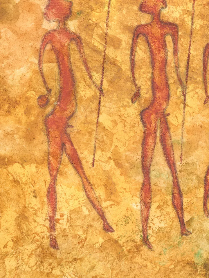 Prehistoric man wall art | Original Pastel and Watercolor Artwork Ancient Cave Painting Style | Warriors Prehistoric art | Handmade Artwork | Hunters stylization of rock art | Drawings of a prehistoric man