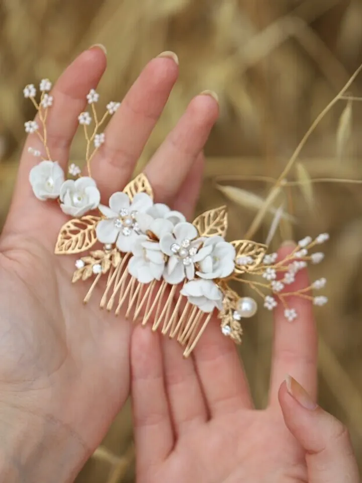 Gold Ivory Flowers Boho Wedding Hair Comb, Leaf Bridal Headband, Wedding Hair Accessories, Hair Pins, Bridal Jewelry Set, Bridesmaid gift