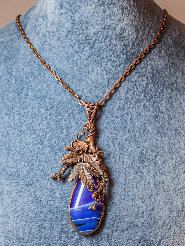 Unique handmade copper pendant made of natural leaves and twigs using the electroforming method, with a natural agate, an original gift