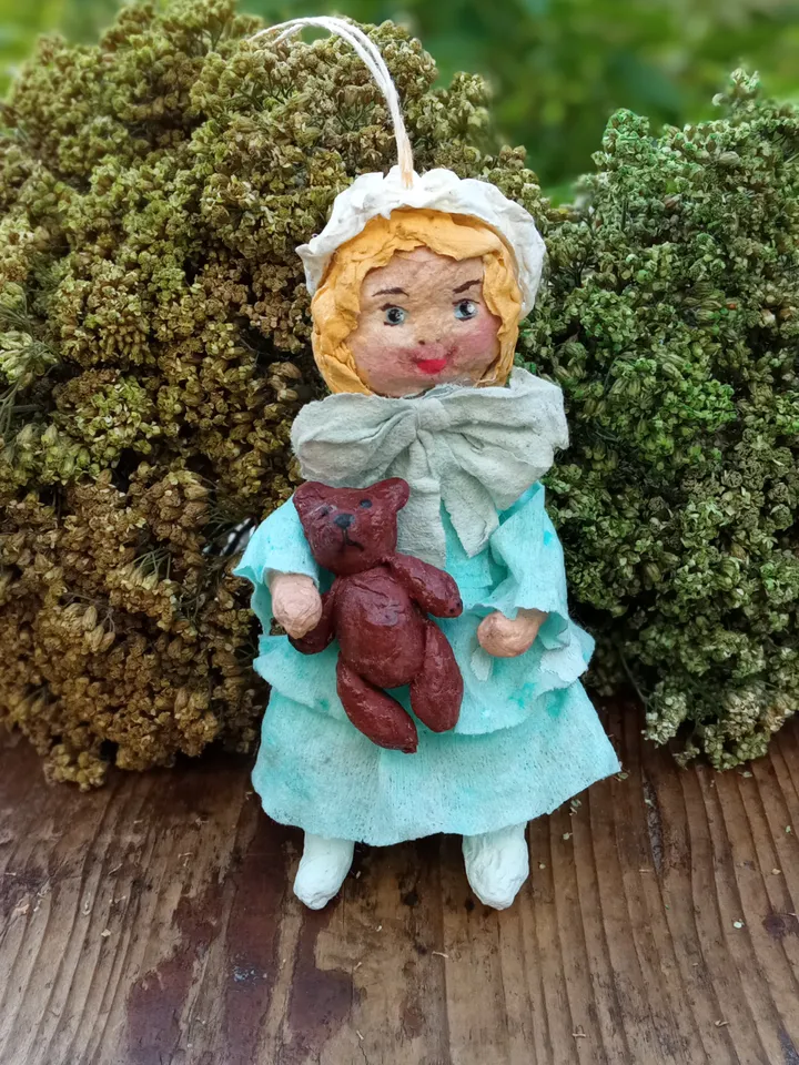 Vintage-Style Doll Girl in Blue Dress with Teddy Bear - Unique Handmade Decoration. Christmas tree toy Christmas ornaments.
Xmas gifts
