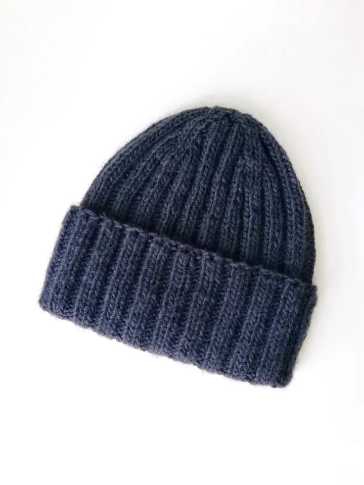 Exquisite Handmade Dark Blue Men's Warm Winter Beanie - Cozy Alpaca-Merino Wool Blend Knit Hat with Ribbed Texture. FREE SHIPPING!