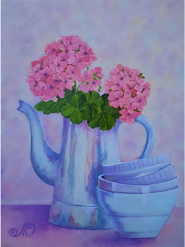 Red Geraniums Painting Original Art Pelargonium Flower Still Life Oil Painting
