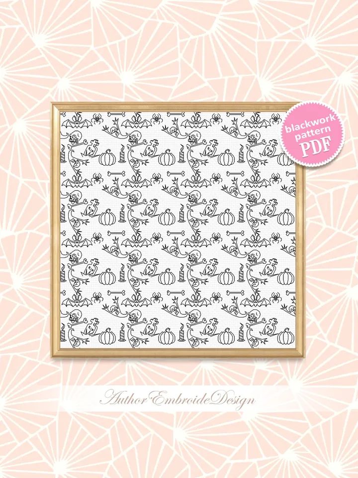 Halloween blackwork patterns Spooky seamless pattern, Backstitch repeating pattern Halloween embroidery download PDF Ghost, Spider, Bat #W22