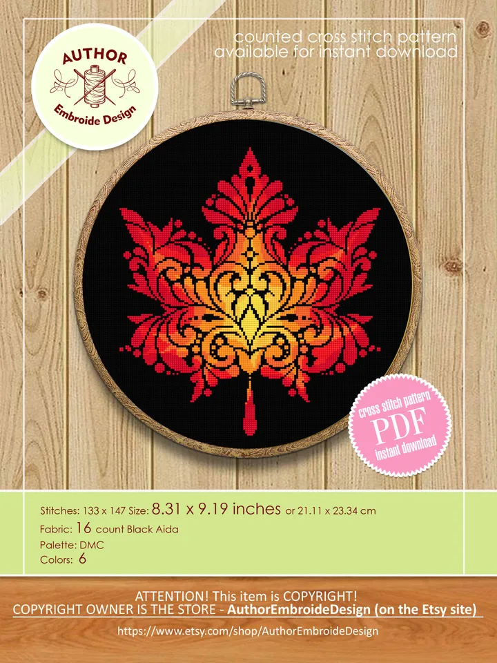 Maple leaf mandala cross stitch pattern PDF download Autumn leaf cross stitch chart, Fall hand embroidery PDF, Vintage leaf ornament #M211