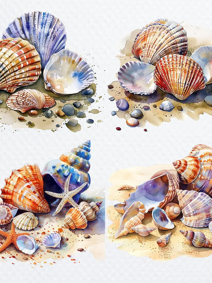 18 Seashells PNG Bundle, Seashell Clipart, Watercolor Sea Shell  clipart, Seashells sublimation, Paper craft, junk journal, Digital download
